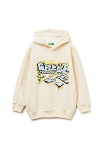 Felpa beige con grafica frontale che presenta testo frammentato in blu e giallo. Realizzata in materiale morbido, con un cappuccio ampio e polsini a costine.