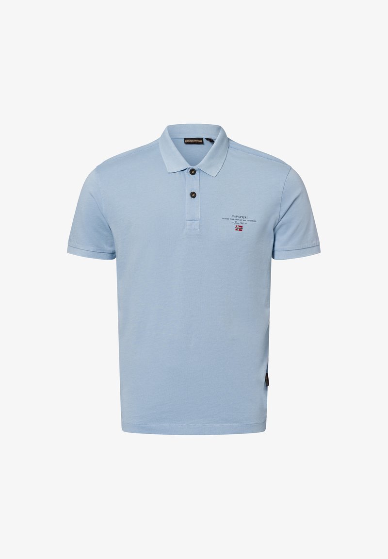 Hellblaue Poloshirt aus Baumwolle, mit einer Knopfleiste mit zwei Knöpfen, kurzen Ärmeln und gesticktem Logo auf der Brust.
