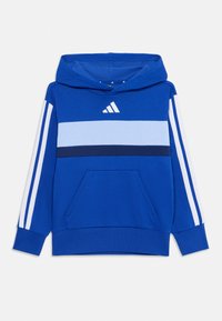 Felpa blu con tasca frontale, strisce orizzontali bianche e navy sul petto e tre strisce bianche lungo ciascun maniche.