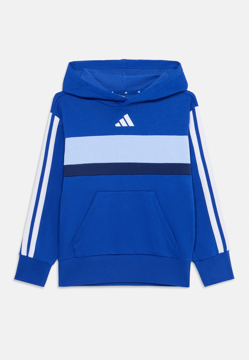 Felpa blu con tasca frontale, strisce orizzontali bianche e navy sul petto e tre strisce bianche lungo ciascun maniche.