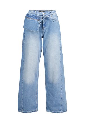 Light blue wide-leg denim jeans with a high waist, featuring a front zip pocket, drawstring waist, and faded texture for a worn look.
