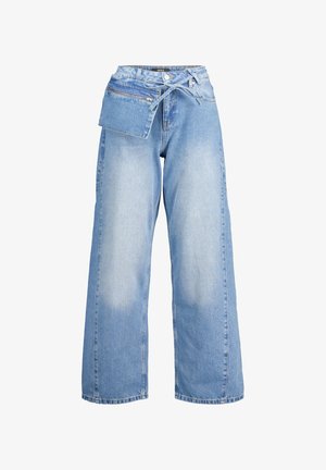 Light blue wide-leg denim jeans with a high waist, featuring a front zip pocket, drawstring waist, and faded texture for a worn look.