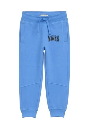 Pantaloni della tuta blu con vita elastica e cordoncino. Presentano tasche laterali e il testo nero "Awesome Vibes" sulla gamba sinistra.