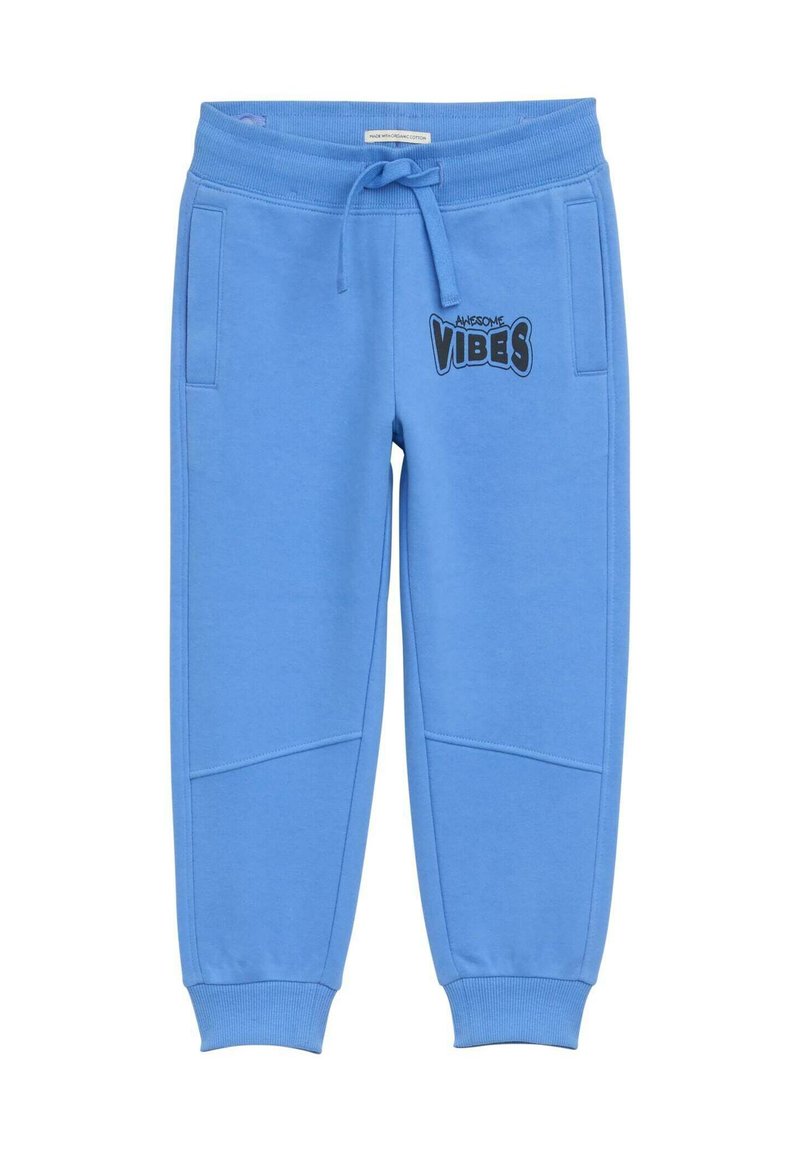 Pantaloni della tuta blu con vita elastica e cordoncino. Presentano tasche laterali e il testo nero "Awesome Vibes" sulla gamba sinistra.