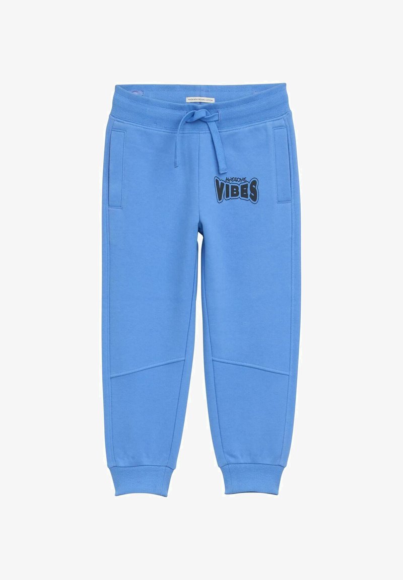 Blå sweatpants med elastisk talje og snøre. Har sidelommer og sort "Awesome Vibes" tekst på venstre ben.