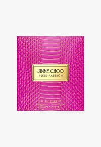 Rosa teksturert boks med reptilmønster; gullmerke viser "JIMMY CHOO ROSE PASSION" og parfymeinformasjon; 100 ml Eau de Parfum.