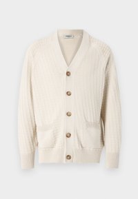 Cream-colored knitted cardigan with a v-neck, button closure, two front pockets, and ribbed cuffs. Textured pattern throughout the fabric.