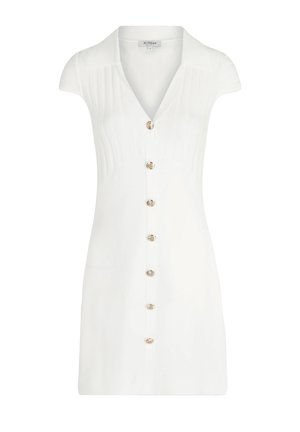 White short dress with a collar, featuring vertical ribbed texture, short sleeves, and gold-button front closure. Smooth fabric finish.