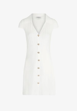 White short dress with a collar, featuring vertical ribbed texture, short sleeves, and gold-button front closure. Smooth fabric finish.