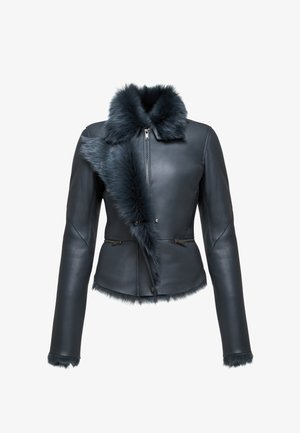 Leren jas in donkerblauw, met een nepleren kraag en afwerking, een rits aan de voorkant, twee ritszakken en een getailleerd silhouet.