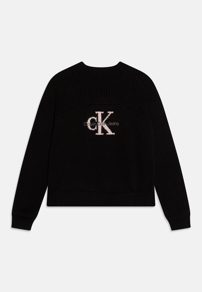 Pull noir à manches longues en maille côtelée avec logo "CK" blanc et texte "Calvin Klein Jeans" centré sur la poitrine, col rond.