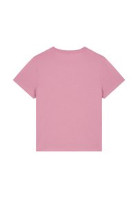 Rosa T-Shirt mit kurzen Ärmeln und Rundhalsausschnitt. Weicher Stoff, gerader Schnitt und keine sichtbaren Drucke oder Muster auf der Rückseite.