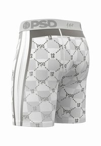White and gray patterned men's boxer briefs featuring a geometric design, stretch fabric, elastic waistband, and logo accents.