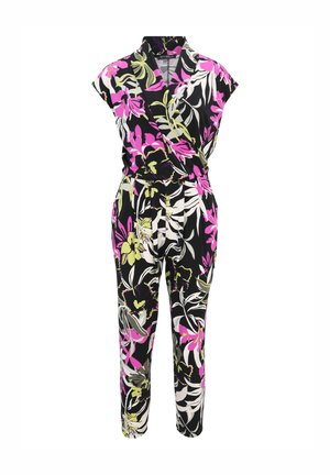 Bloemrijk jumpsuit met een zwarte basis en roze, groene en witte bloemenpatronen. Korte mouwen, wikkelontwerp en een ceintuur in de taille.