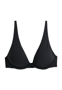 Haut de bikini noir avec un décolleté en V profond, fabriqué en tissu lisse. Doté de fines bretelles et de baleines pour un soutien. Design simple et élégant.