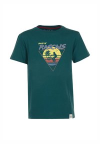 Teal puuvillane t-särk, millel on graafiline kujundus, kus on kollane päike, palmipuid ja jalgrattur kolmnurga sees. Lühikesed varrukad, ümmargune kaelus.