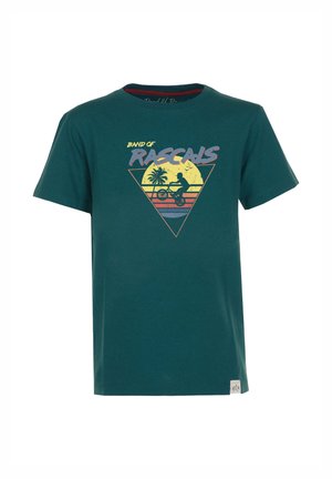 Teal bomulds t-shirt med et grafisk design med en gul sol, palmetræer og en cyklist inden for en trekant. Korte ærmer, rund hals.