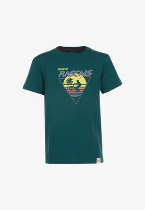 Teal bomulds t-shirt med et grafisk design med en gul sol, palmetræer og en cyklist inden for en trekant. Korte ærmer, rund hals.