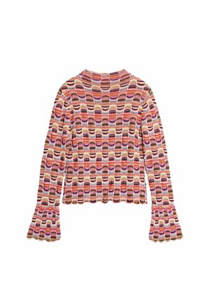 Värvikas pika varrukaga pluus, millel on laineline mustriline roosa, oranži ja pruuni toonides, helendatud varrukasäärte ja soonilise tekstuuriga.