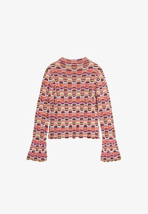 Spalvotas ilgomis rankovėmis viršus su banguotu raštu rožinės, oranžinės ir rudos spalvos, su išplatėjusiais rankogaliais ir gyslotos tekstūros.