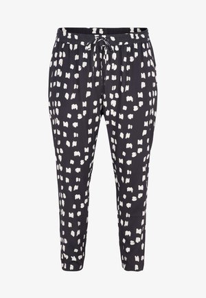 Zwarte taps toelopende broek met een wit penseelstrokenpatroon, elastische tailleband met trekkoord, zachte stof en zijzakken.