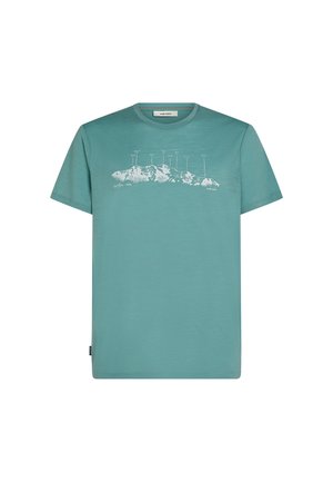 Türkise kurzärmlige T-Shirt aus Baumwolle mit einem weißen Bergmotiv und Text auf Brusthöhe, mit Rundhalsausschnitt und normalem Schnitt.