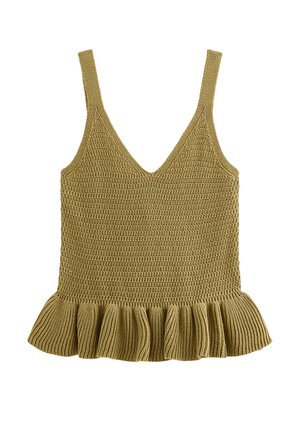 Mouwloze gebreide olijfgroene tanktop met V-hals en gerimpelde zoom, voorzien van een textuur van haakwerk.
