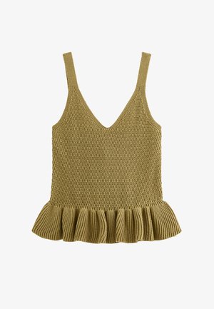 Top de punto sin mangas de color verde oliva con escote en V y bajo con volantes, con un patrón de crochet texturizado.