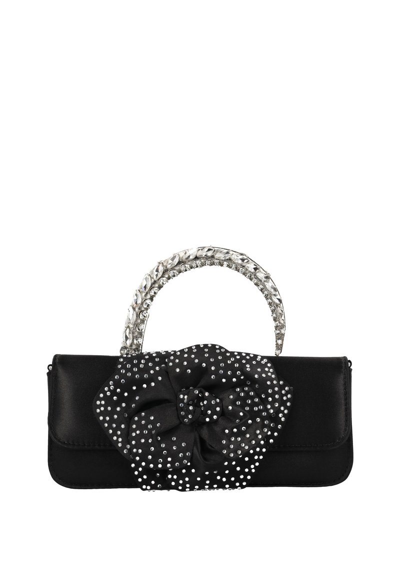 Fekete szatén kézitáska, melyen nagy szövetvirág található ezüst szegecsekkel díszítve, valamint kristályokkal borított fogantyúval. Téglalap alakú.