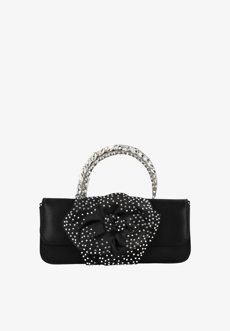 Fekete szatén kézitáska, melyen nagy szövetvirág található ezüst szegecsekkel díszítve, valamint kristályokkal borított fogantyúval. Téglalap alakú.