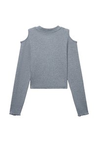 Top grigio a maniche lunghe, accorciato, realizzato in tessuto morbido. Presenta un design con spalle scoperte, polsini a coste e una texture liscia senza motivi.