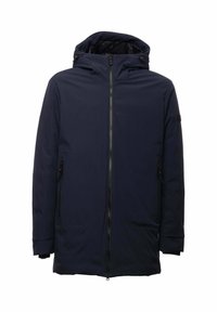 Giacca blu navy con cappuccio, con cerniera integrale, due tasche laterali e una texture liscia. Realizzata in materiale resistente all'acqua.