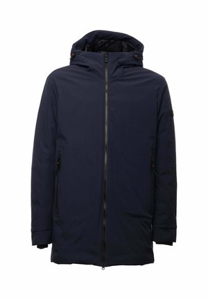 Chaqueta azul marino con capucha, con cremallera completa, dos bolsillos laterales y textura suave. Fabricada con material resistente al agua.