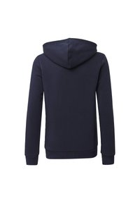 Felpa con cappuccio blu navy, maniche lunghe, polsini e orlo a coste, e una superficie in tessuto liscia. Progettata per un abbigliamento casual e il comfort.