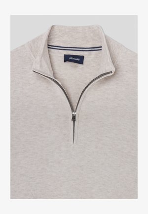 Helles grauer Reißverschluss-Pullover aus weichem Stoff. Verfügt über einen hohen Kragen und eine dunkelblaue Streifenverzierung am Ausschnitt. Mit Reißverschluss.