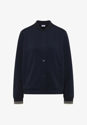 Marineblaue Bomberjacke mit Druckknöpfen, geripptem Kragen, gestreiften gerippten Bündchen und zwei Seitentaschen, im inneren Kragen mit "Cecil" beschriftet.