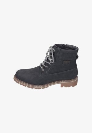 Botte de cheville en daim noir avec des lacets gris, un col rembourré et une semelle en caoutchouc dotée de rainures pour une meilleure traction. Comprend un petit détail de logo sur le côté.