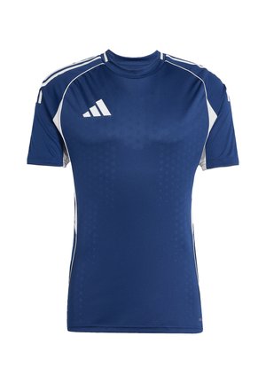 Blauw sportshirt gemaakt van vochtafvoerende stof. Heeft witte accenten, korte mouwen, een ronde hals en een gestructureerd patroon op het lichaam.