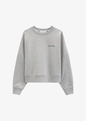 Light grey cropped sweatshirt with long sleeves and green "Marc O'Polo" logo on the left chest.