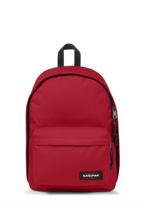 Red Eastpak backpack with a smooth texture, featuring a front zip pocket and black accents. Has adjustable straps and a top handle.