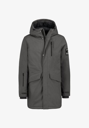 Gray waterproof parka with a hood, featuring a zip front, two large front pockets, and side zipper pockets. Includes adjustable cuffs and branding.