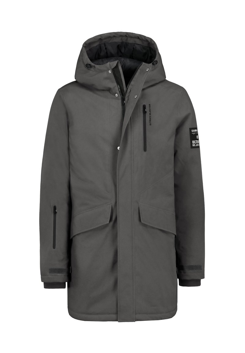 Grey waterproof parka with a hood, front snap/button closure, two large front pockets, and a side zip pocket. Features a logo on the sleeve.
