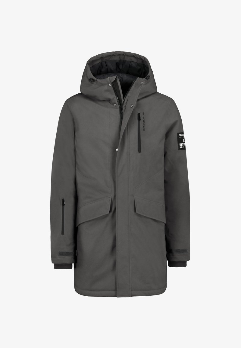 Grey waterproof parka with a hood, front snap/button closure, two large front pockets, and a side zip pocket. Features a logo on the sleeve.