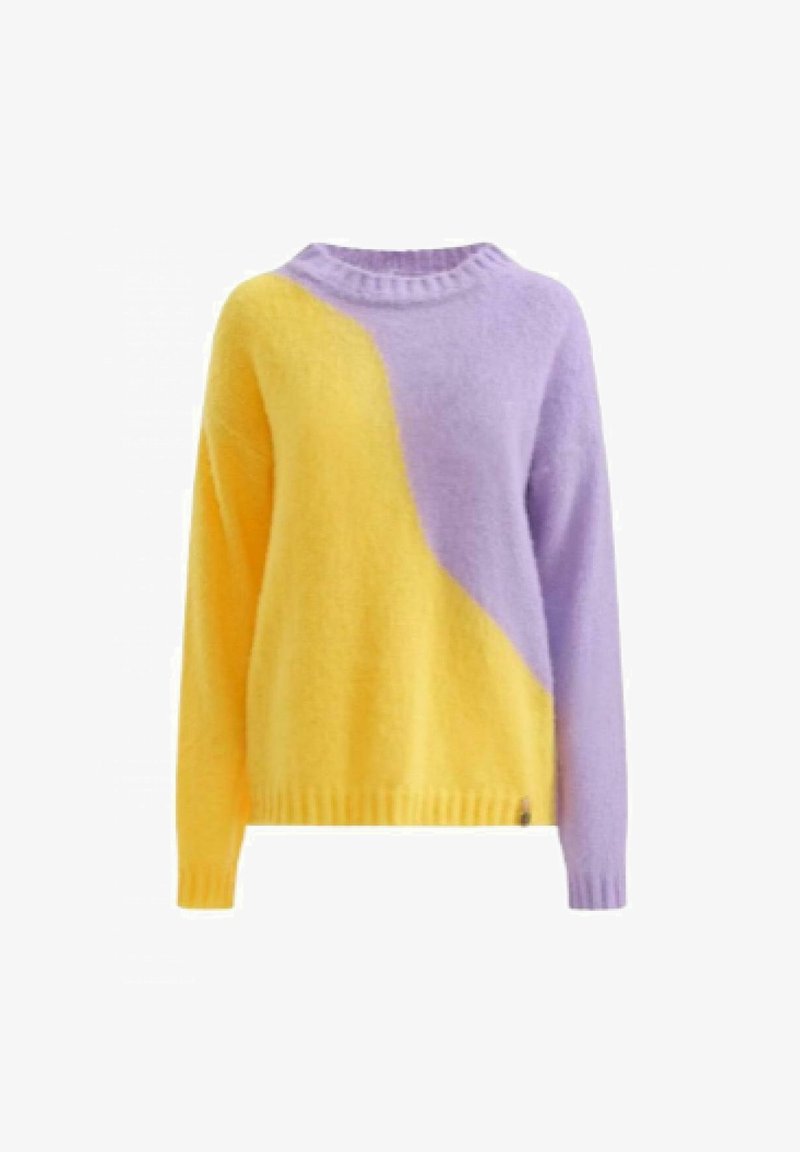 Kleurgeblokkeerde trui met een losse pasvorm. Bevat gele en lavendel kleurvlakken, een geribbelde halslijn en een zachte textuur.