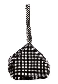 Borsa in tessuto nero a forma di triangolo, coperta di borchie argento. Presenta un'unica maniglia allungata per il trasporto.