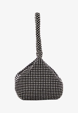 Borsa in tessuto nero a forma di triangolo, coperta di borchie argento. Presenta un'unica maniglia allungata per il trasporto.
