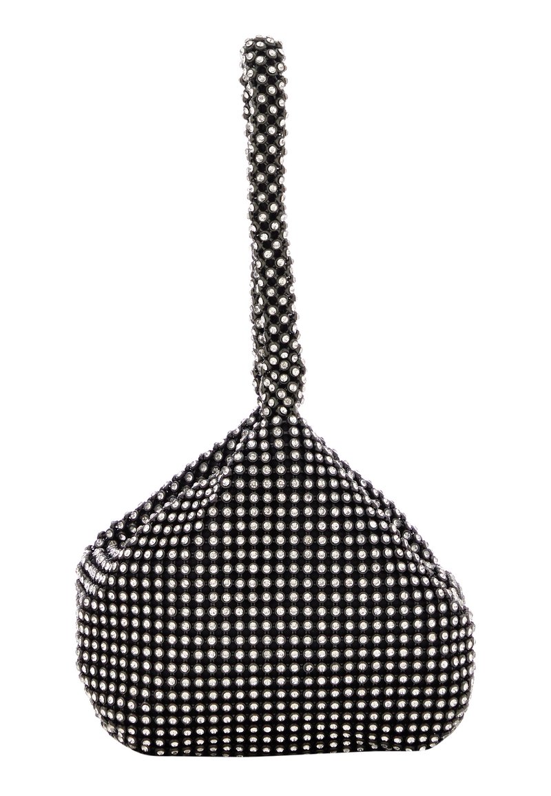 Borsa in tessuto nero a forma di triangolo, coperta di borchie argento. Presenta un'unica maniglia allungata per il trasporto.