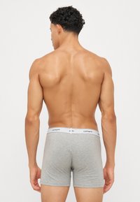 Boxeri gri din bumbac, cu o bandă elastică albă care poartă logo-ul "Carhartt". Design simplu, textură netedă, lungime până la mijlocul coapsei.