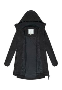 Black, hooded coat with a smooth inner lining. Designed with buttons and zippers. Features a label inside and ribbed cuffs.