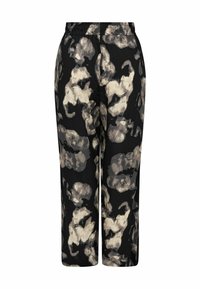 Black pants featuring an abstract cream and gray watercolor pattern, with an elastic waistband and a straight-leg design.